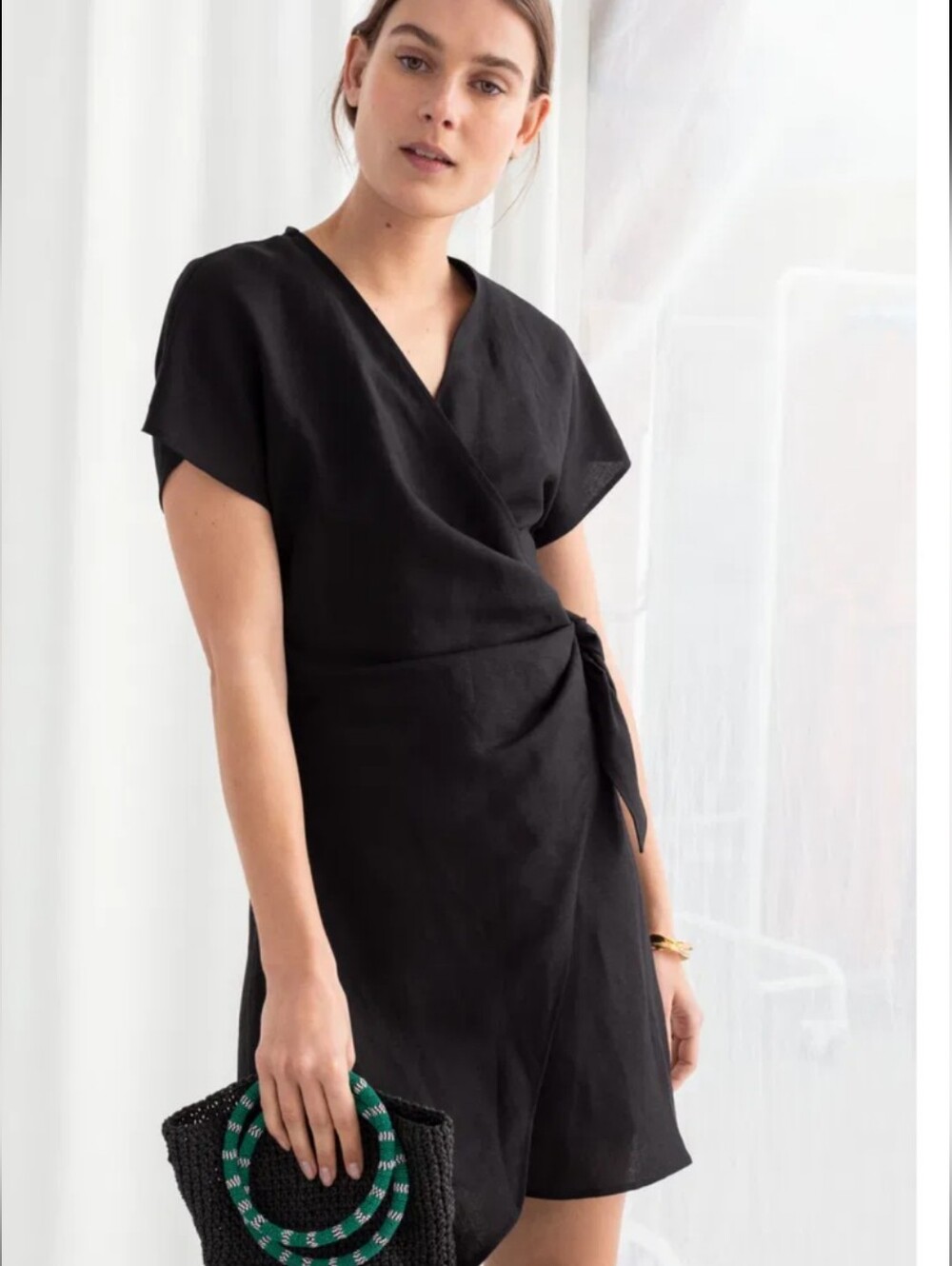 & other stories black linen wrap mini dress size 4